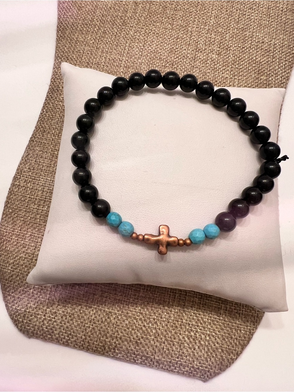 Men’s Black Bead Stretch Bracelet with Turquoise Accents and Copper Cross
